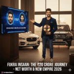 Fukra Insaan Abhishek Malhan standing with his luxury car collection and YouTube Gold Play Button, showcasing 2026 net worth of 20 Crores. Fukra Insaan 2026 photos, Abhishek Malhan car collection 2026, Fukra Insaan net worth in rupees, Malhan family total subscribers 2026, Fukra Insaan house interior, Triggered Insaan brother latest pic.