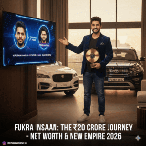 Fukra Insaan Abhishek Malhan standing with his luxury car collection and YouTube Gold Play Button, showcasing 2026 net worth of 20 Crores. Fukra Insaan 2026 photos, Abhishek Malhan car collection 2026, Fukra Insaan net worth in rupees, Malhan family total subscribers 2026, Fukra Insaan house interior, Triggered Insaan brother latest pic.
