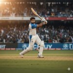 Vishnu Vishal in a professional cricket attire playing a shot in a stadium.