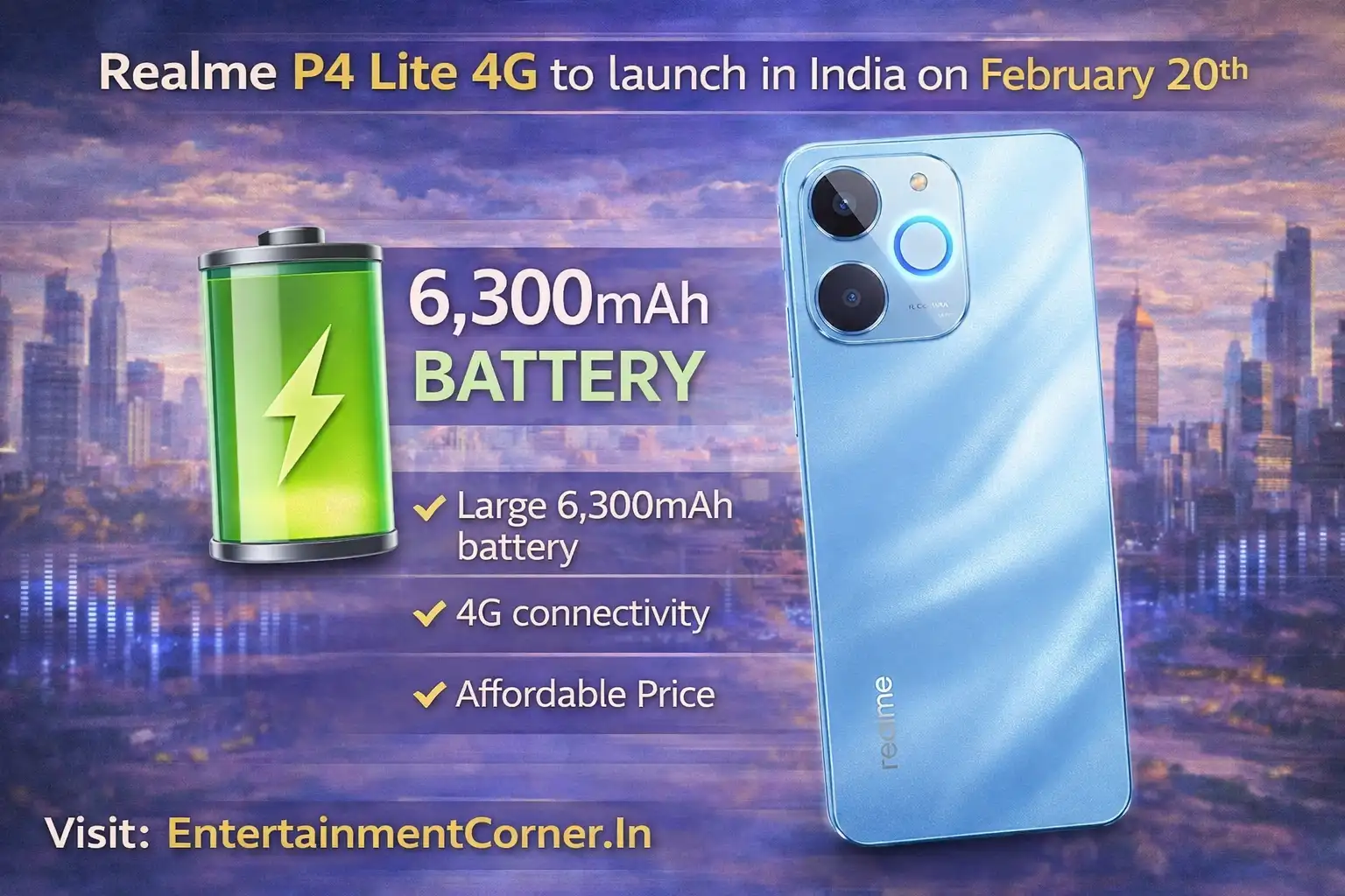 Realme P4 Lite 4G Launching In India On Feb 20 With 6300mAh Battery And IP54 Rating